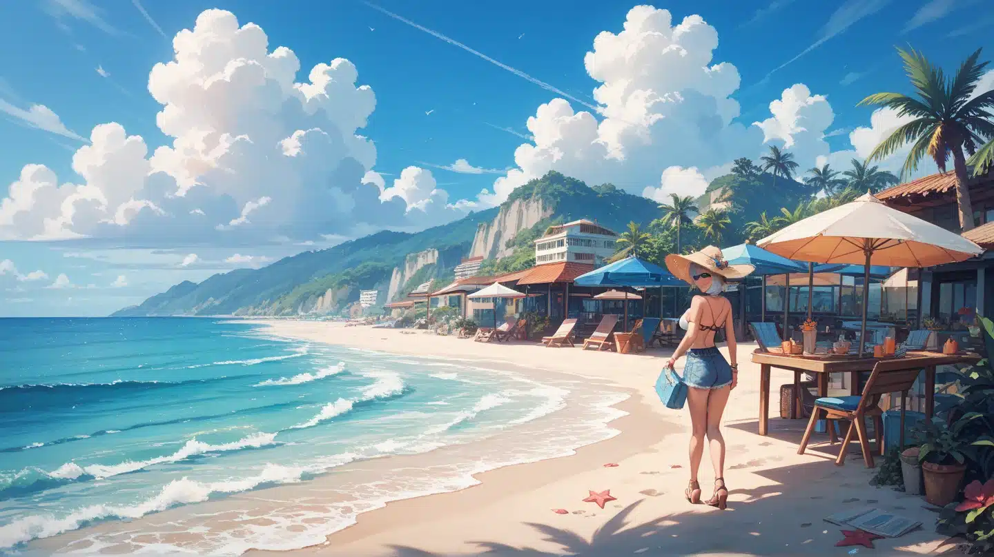 青いビーチの絵　女性が振り返りこちらを見ている。青い空に白い雲